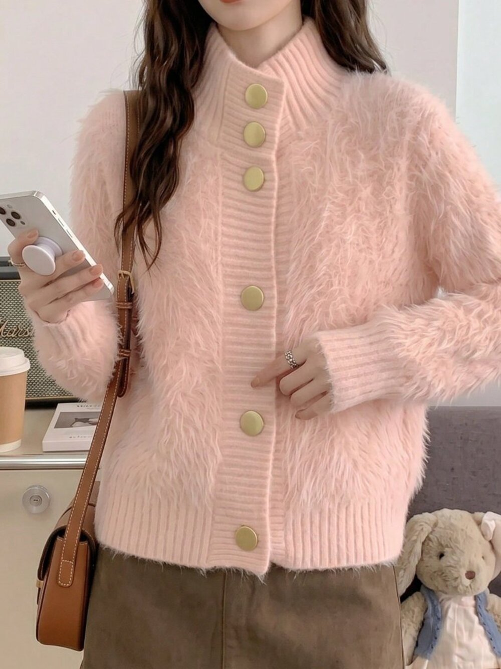 Pink Casual Women's Fluffy Knit Cardigan